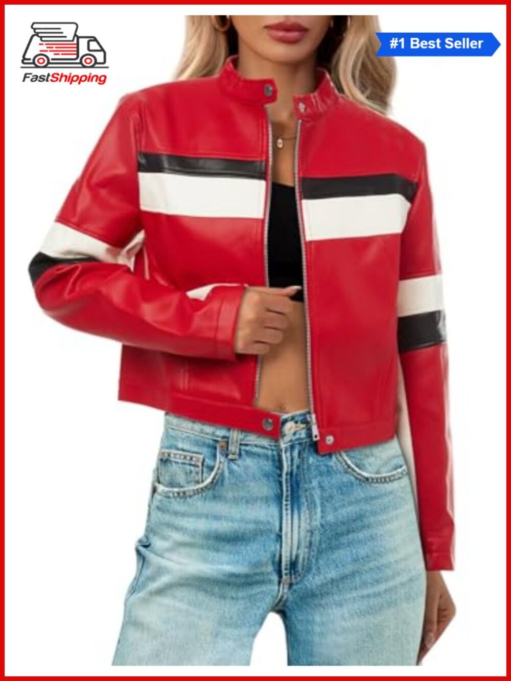 ✨Tankaneo Faux Leather Cropped Moto Biker Bomber Jacket Racing Coat